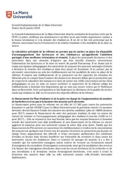 Le Mans Université : motion votée à l'unanimité par le CA du 25 janvier 2018