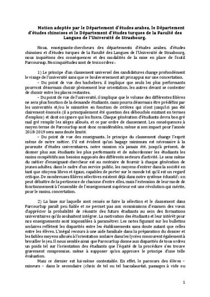 Université de Strasbourg : Motion adoptée par le département d’études arabes, le département d’études chinoises et le département d’études turques de la Faculté des Langues