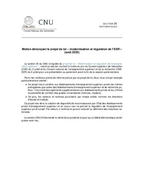 Motion dénonçant le projet de loi « modernisation et régulation de l’ESR » 