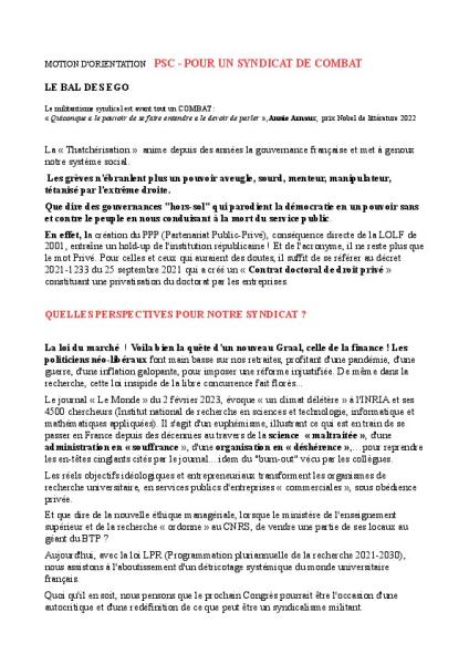 MOTION D'ORIENTATION   PSC - POUR UN SYNDICAT DE COMBAT - Congrès d'orientation 2023