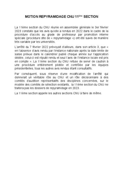 Motion de la 11ème section du CNU sur le repyramidage