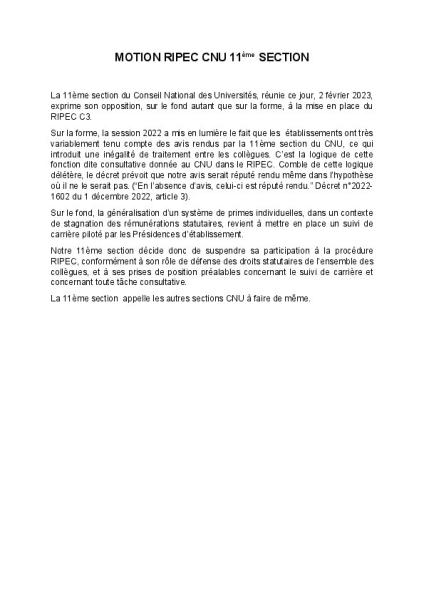 Motion de la 11ème section du CNU sur le RIPEC