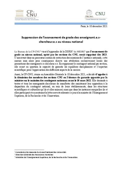 Motion CP-CNU sur la suppression du contingent national de promotions
