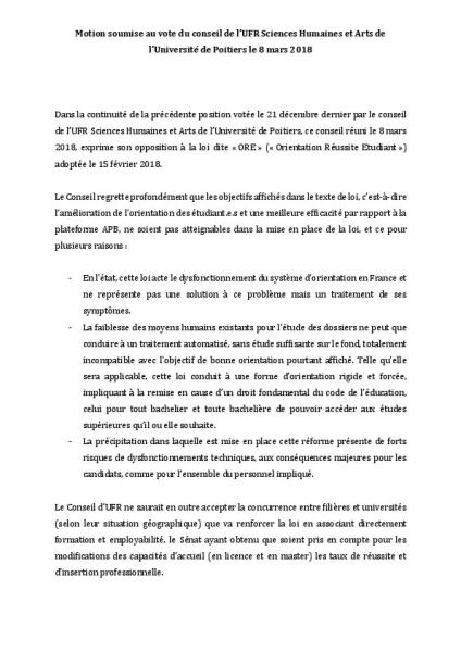 Université de Poitiers : Motion soumise au vote du conseil de l’UFR des Sciences Humaines et Arts le 8 mars 2018