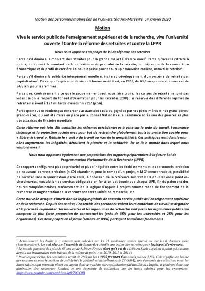 Université Aix-Marseille : Motion des personnels mobilisé.es - 14 janvier 2020