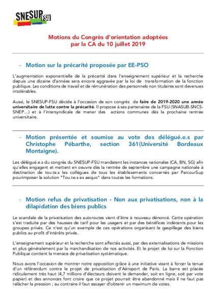 MOTIONS DU CONGRES D'ORIENTATION 2019 ADOPTÉES A LA CA DU 10 JUILLET 2019