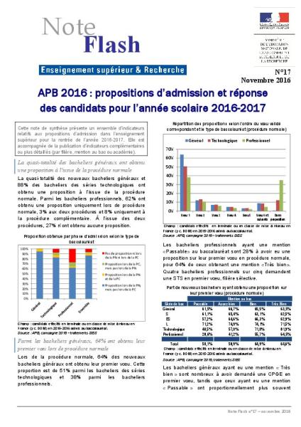 Note FLASH 17 - APB 2016 : propositions d’admission et réponse des candidats pour l’année scolaire 2016-2017