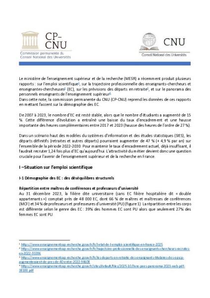 Note de la CP-CNU sur l’a situation de l’emploi scientifique