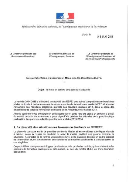 Mise en œuvre des parcours adaptés de la formation | note du MENESR aux directeurs d’ÉSPÉ (29 mai 2015)
