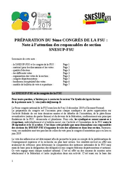 Note du 17 décembre aux sections  pour l'organisation du vote d'orientation FSU 2019