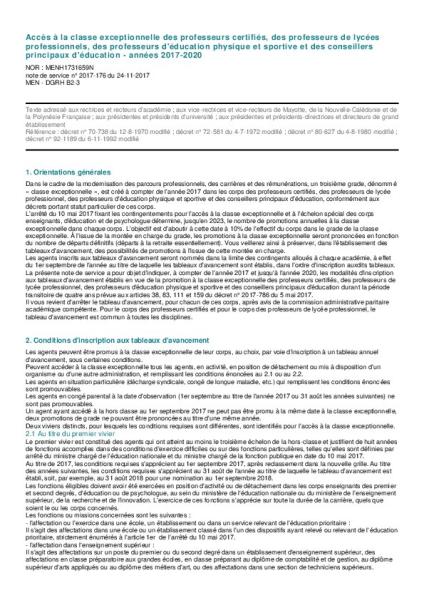 Accès à la classe exceptionnelle des professeurs certifiés et des professeurs d'EPS - 2017-2020 - Note de service n° 2017-176 du 24-11-2017