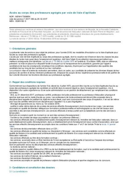 Accès au corps des professeurs agrégés par voie de liste d'aptitude - Note de service n° 2017-189 du 29-12-2017