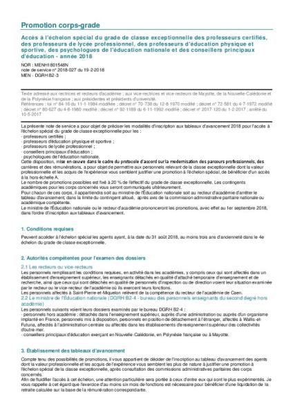 Accès à l'échelon spécial du grade de classe exceptionnelle des professeurs certifiés et des professeurs d'EPS - 2018 - Note de service n° 2018-027 du 19-2-2018