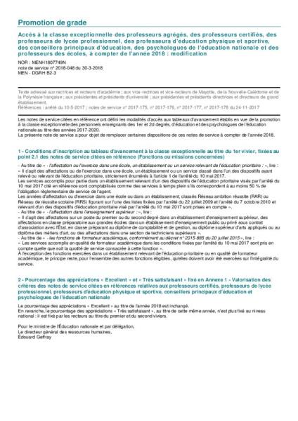 MODIFICATION des critères d'accès à la classe exceptionnelle des professeurs agrégés, des professeurs certifiés, et des professeurs d'EPS - 2018 - Note de service n° 2018-048 du 30-3-2018