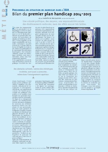 PERSONNELS EN SITUATION DE HANDICAP DANS L’ESR : Bilan du premier plan handicap 2014-2015 - Isabelle de Mecquenem - N° 644 AVRIL 2016