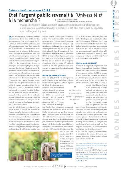 Et si l’argent public revenait à l’Université et à la recherche ?