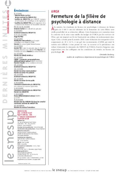 URCA : Fermeture de la filière de psychologie à distance - Chistelle Declercq - N° 648 OCTOBRE 2016