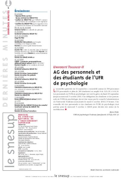 UNIVERSITÉ TOULOUSE-II : AG des personnels et des étudiants de l’UFR de psychologie - Hervé Petit - N° 648 OCTOBRE 2016