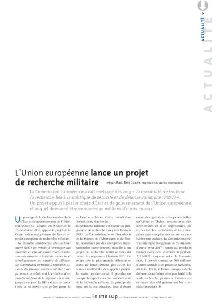 L'Union européenne lance un projet de recherche militaire - Marc Delepouve - N° 651 JANVIER 2017