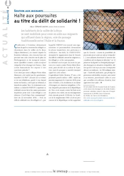 Soutien aux migrants : halte aux poursuites au titre du délit de solidarité, par Gérard Lauton /N° 652 FEVRIER 2017