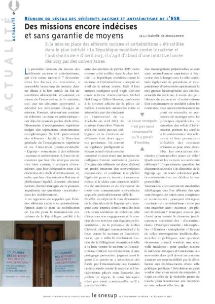 Réunion des référents du racisme et de l'antisémitisme de l'ESR : des missions encore indécises sans garantie de moyens - Isabelle de Mecquenem - N° 651 JANVIER 2017