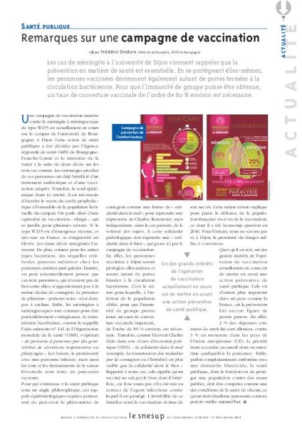 Santé publique : remarques sur une campagne de vaccination - Frédéric Orobon - N° 651 JANVIER 2017