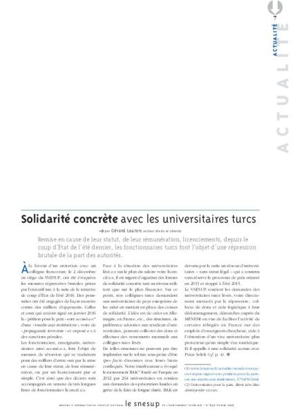 Solidarité concrète avec les universitaires turcs, par Gérard Lauton/N° 652 FEVRIER 2017