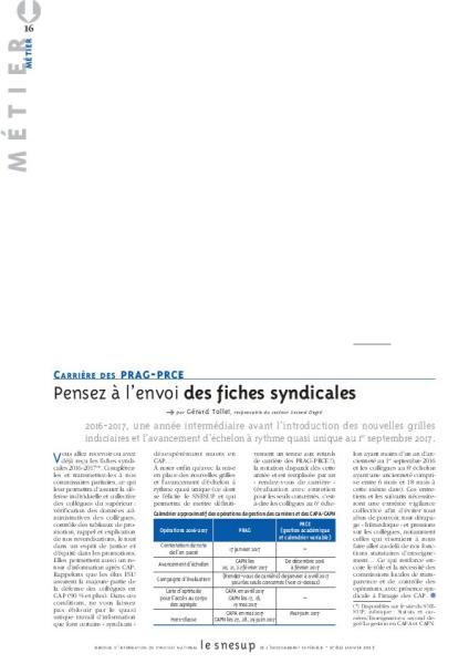 Carrière des PRAG-PRCE : pensez à l'envoi des fiches syndicales - Gérard Tollet - N° 651 JANVIER 2017