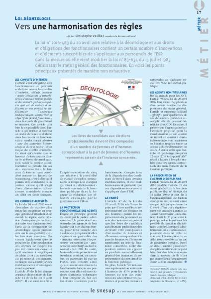 Loi déontologie : vers une harmonisation des règles - Christophe Voilliot - N° 651 JANVIER 2017