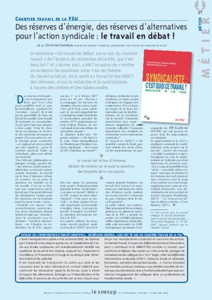 Chantier travail de la FSU : des réserves d'énergie, des réserves d'alternatives pour l'action syndicale : le travail en débat, par Christine Eisenbeis/N° 653 MARS 2017