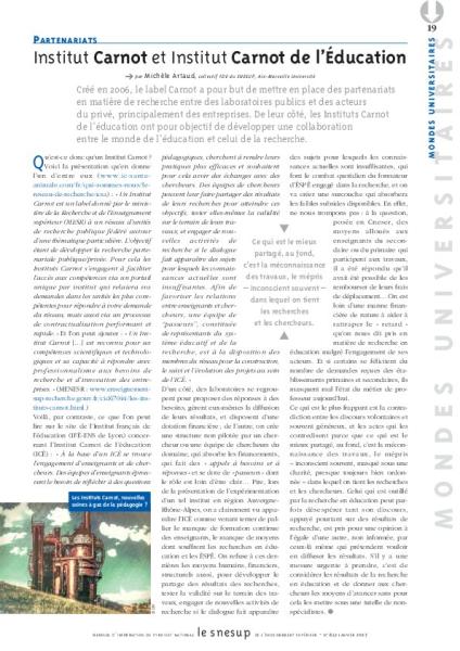 Partenariats : Institut Carnot et Instituts Carnot de l'Education - Michèle Artaud - N° 651 JANVIER 2017