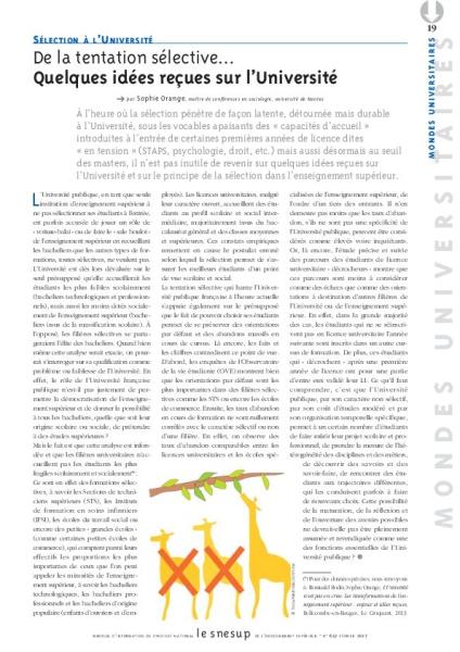 Sélection à l'université : de la tentation sélective...Quelques idées reçues sur l'université - Sophie Orange - N° 652 FEVRIER 2017