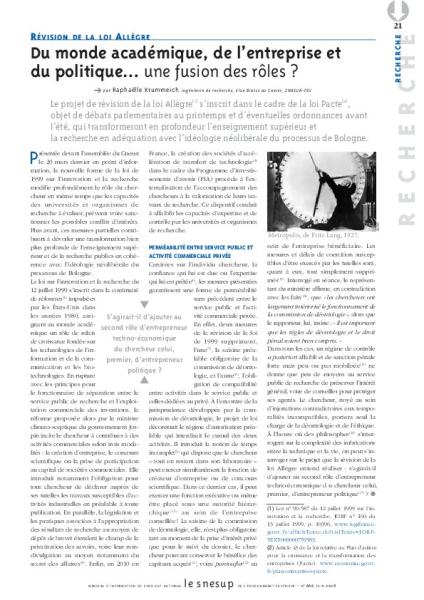 RÉVISION DE LA LOI ALLÈGRE, par Raphaëlle Krummeich, ingénieure de recherche, élue Biatss au Cneser, SNASUB-FSU