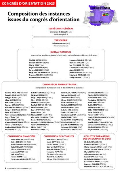 Composition des instances issues du congrès d'orientation des 3, 4 et 5 juin 2025 à l'Université d'Angers