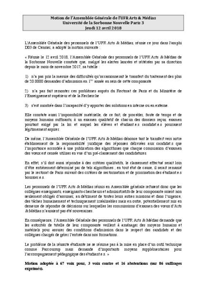 Université Paris 3 Sorbonne Nouvelle : Motion de l’Assemblée Générale de l’UFR Arts & Médias, 12 avril 2018