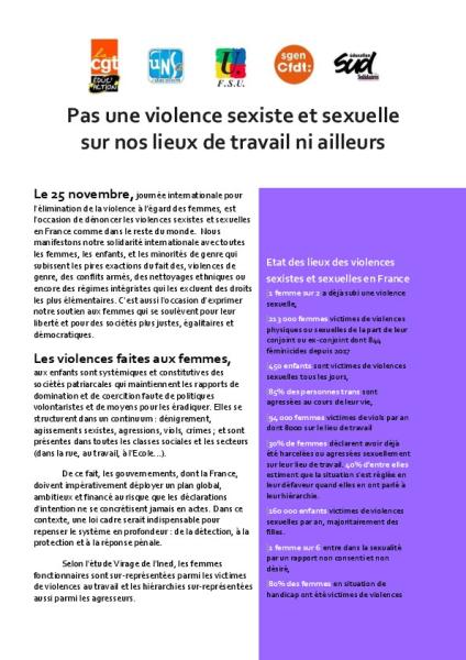 Pas une violence sexiste et sexuelle sur nos lieux de travail ni ailleurs - Communiqué de presse intersyndical du 17 novembre 2023