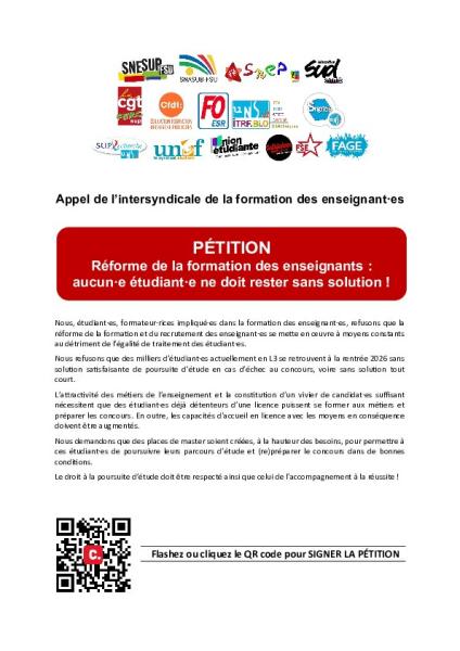 PÉTITION - Réforme de la formation des enseignants : aucun·e étudiant·e ne doit rester sans solution ! 