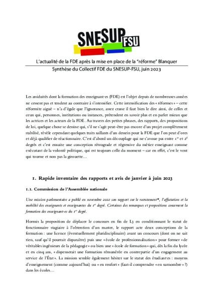 L’actualité de la FDE après la mise en place de la “réforme” Blanquer : Synthèse du Collectif FDE du SNESUP-FSU (juin 2023)