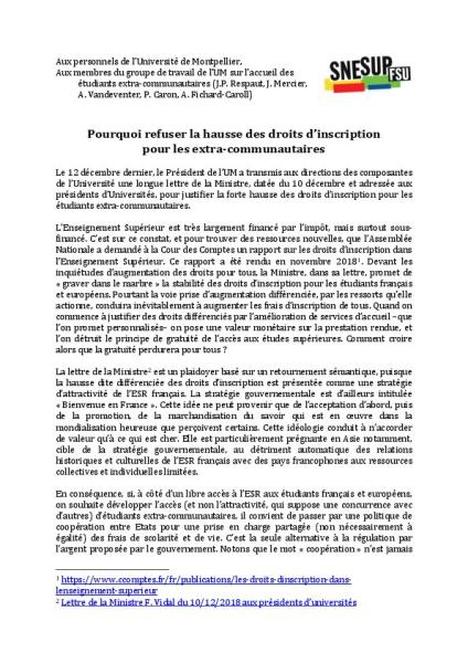 Pourquoi refuser la hausse des droits d’inscription pour les extra-communautaires - Communiqué des sections SNESUP-FSU de l'université de Montpellier, 17 janvier 2019