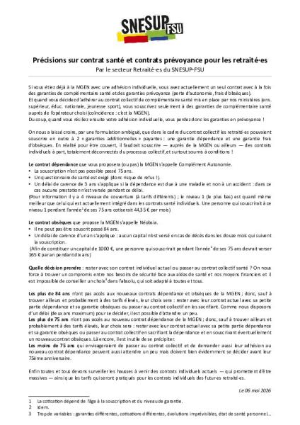 Précisions sur contrat santé et contrats prévoyance pour les retraité·es - Texte du secteur retraité-es - 6 mai 2026