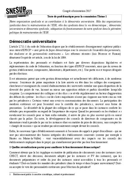 Thème 1: démocratie universitaire, démocratie syndicale