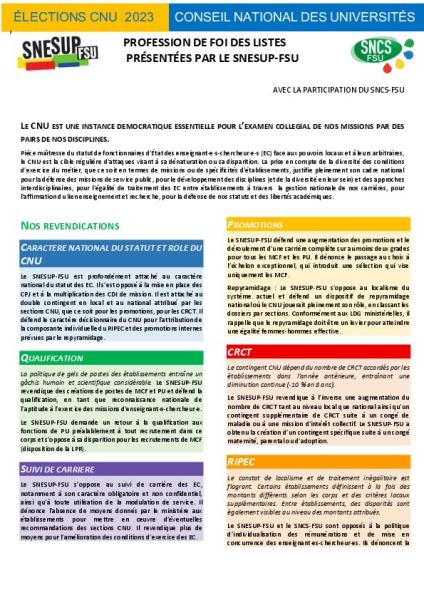 Profession de foi générale des listes SNESUP au scrutin 2023 pour le CNU