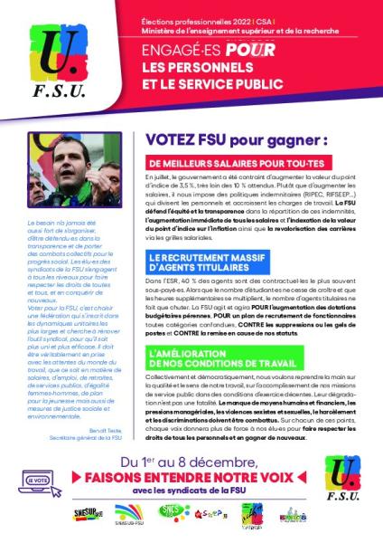 Profession de foi FSU pour le CSA MESR 