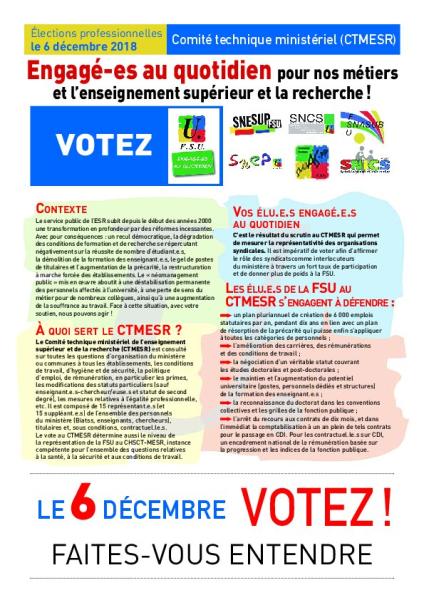 Scrutin CTMESR : profession de foi et liste présentée par la FSU