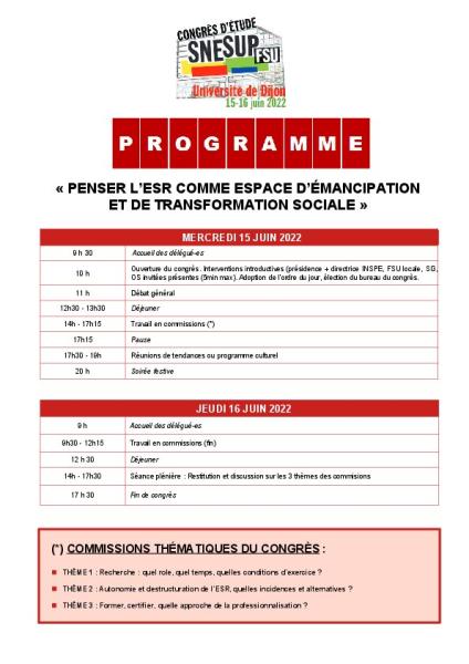Programme du congrès d'étude 2022