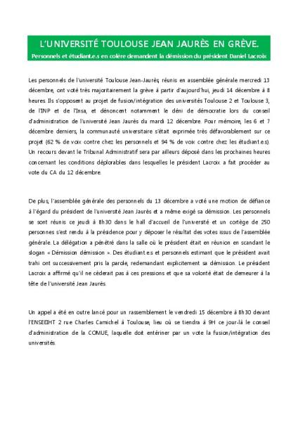 Toulouse Jean Jaurès en grève : Personnels et étudiant.e.s en colère demandent la démission du président Lacroix