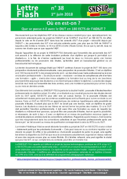 Que se passe t-il avec le DUT en 180 ECTS de l'ADIUT ? - Lettre Flash n° 38, 1er juin 2018