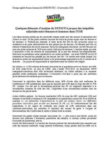 Quelques éléments d'analyse des inégalités salariales entre les femmes et les hommes dans l'ESR