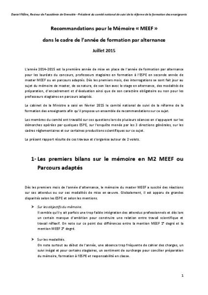 Recommandations pour le mémoire « MEEF »  | Comité de suivi de la réforme de la FDE (Juillet 2015)