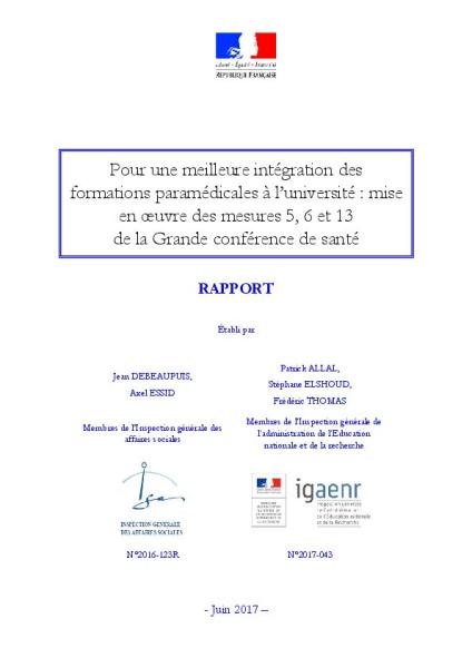 Pour une meilleure intégration des formations paramédicales à l’université : mise en œuvre des mesures 5, 6 et 13 de la Grande conférence de santé